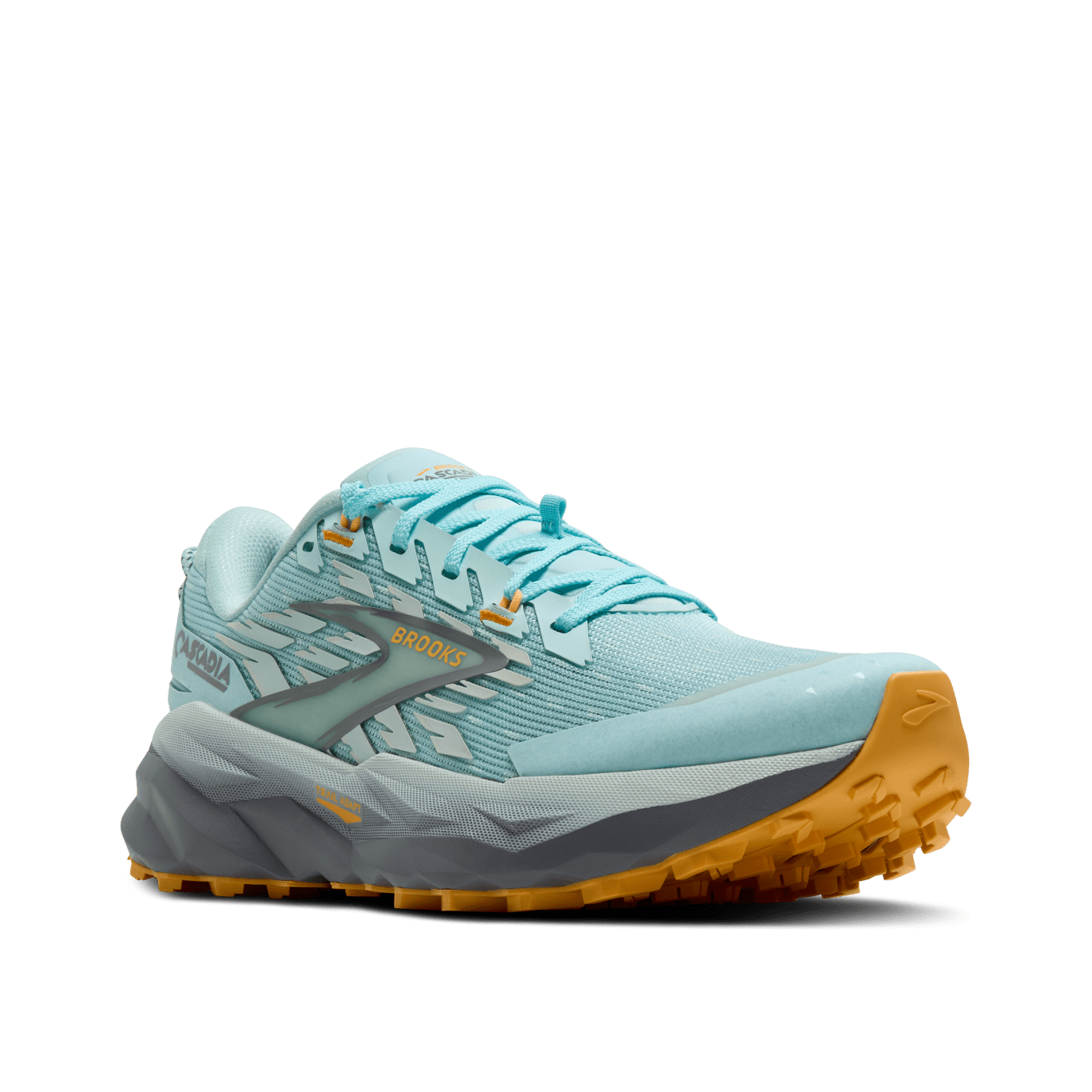Light blue and gray trail running shoe with orange sole on a transparent background