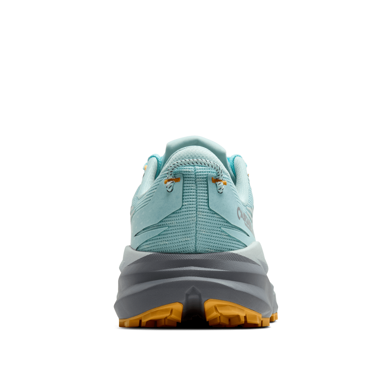 Back view of a light blue hiking shoe with a green background