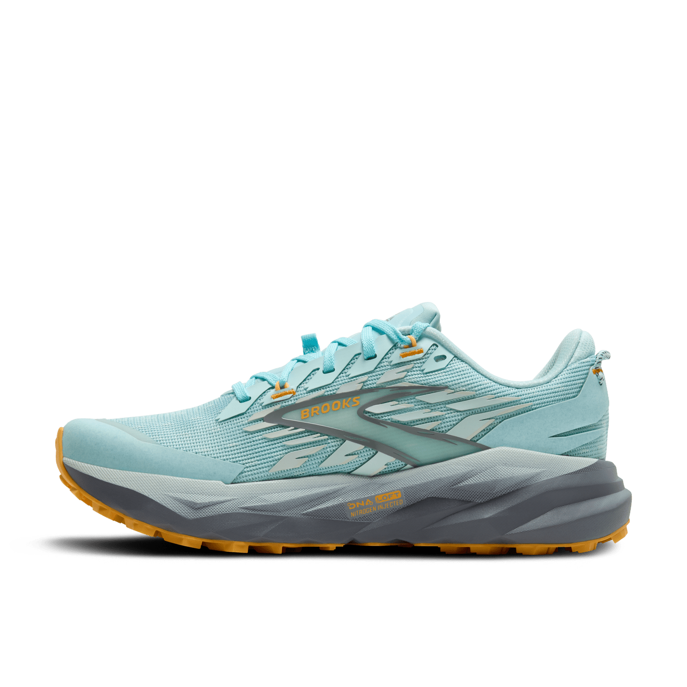 Light blue running shoe with gray and orange sole on a transparent background