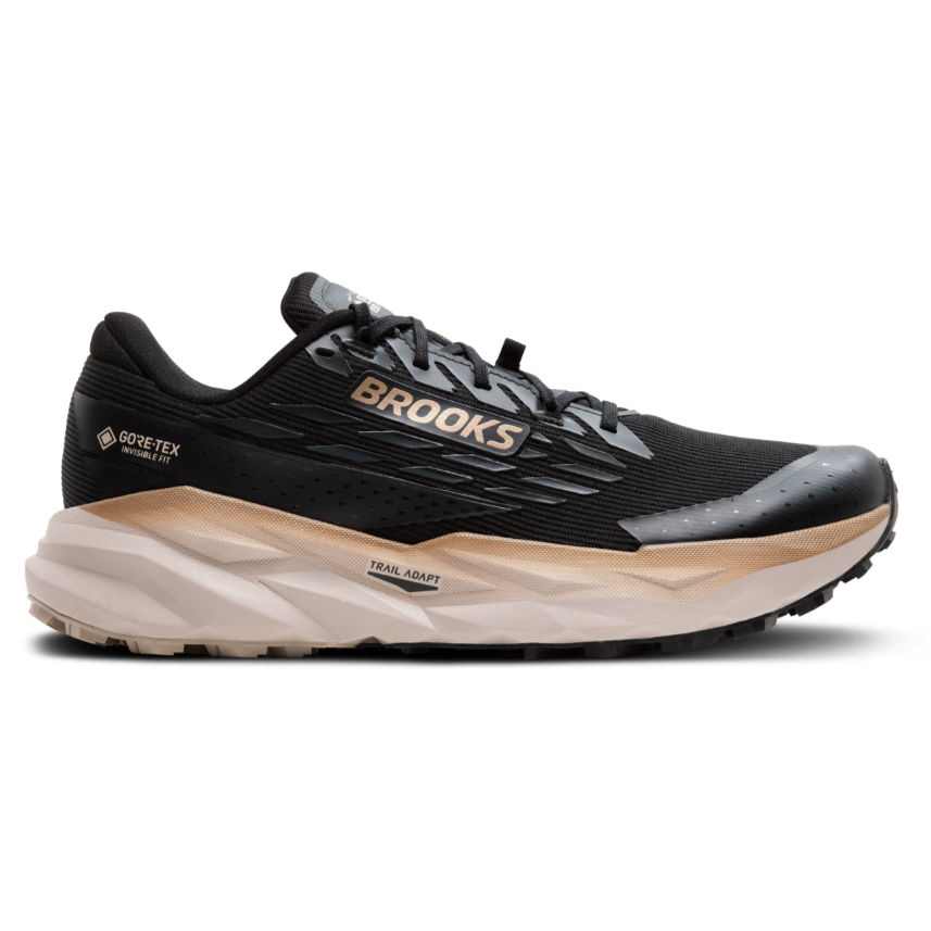 Black and beige running shoe with 'Brooks' branding on a white background
