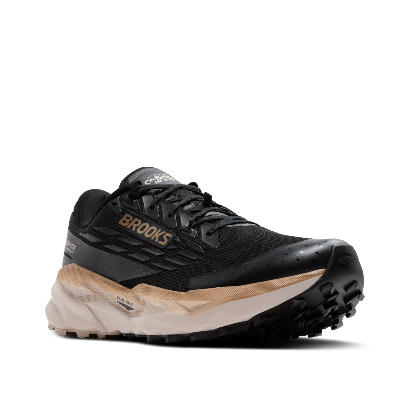 Black and beige running shoe with 'Brooks' branding on a transparent background