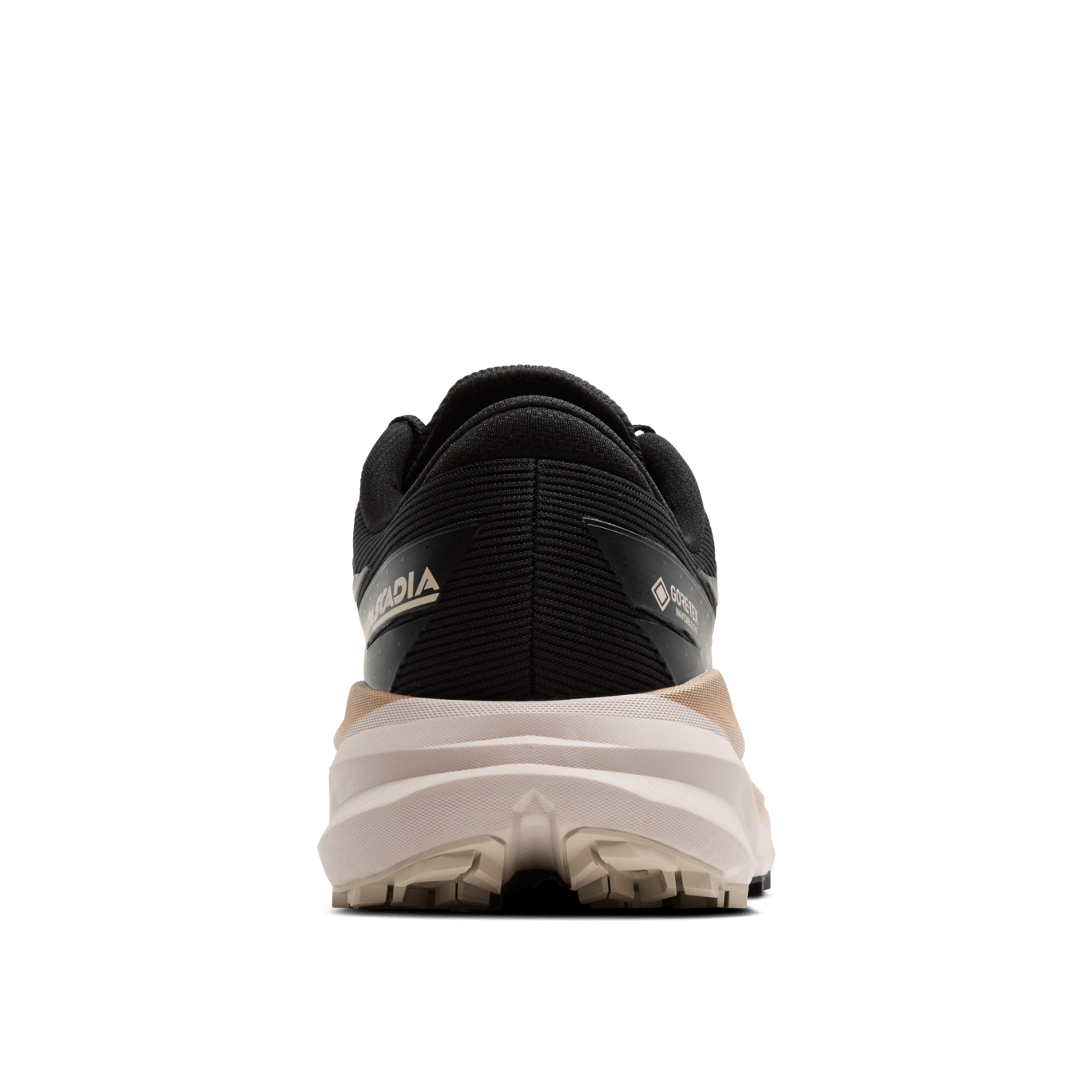 Black and beige shoe with brand logo on a transparent background
