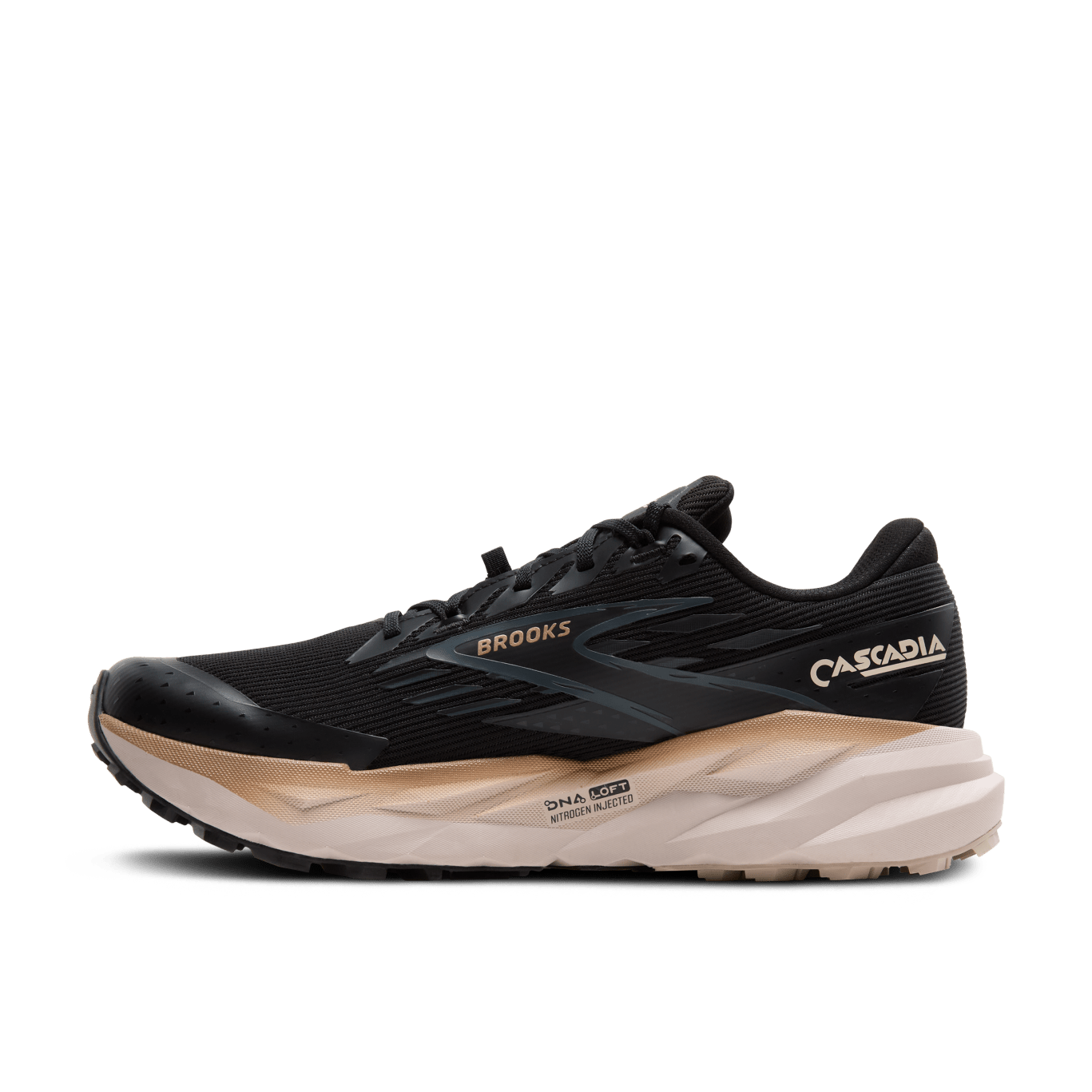 Black running shoe with beige sole on a transparent background
