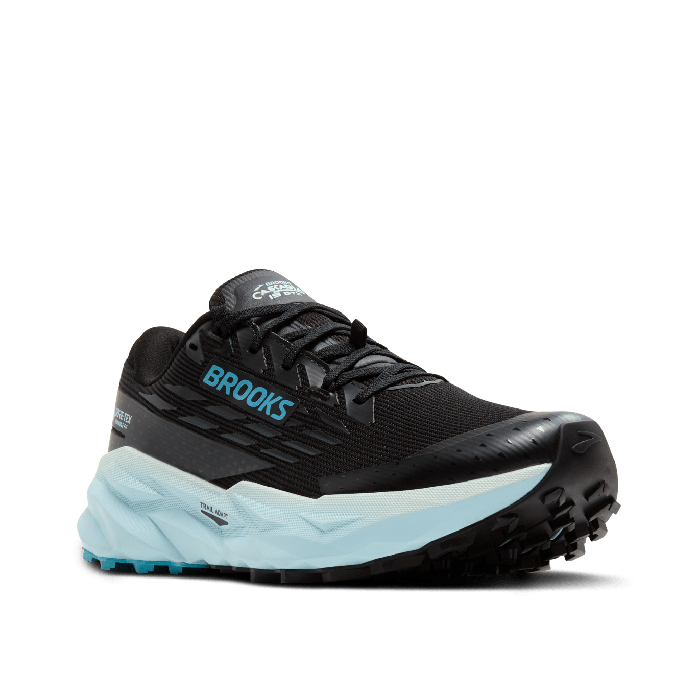 Black running shoe with blue sole on a transparent background