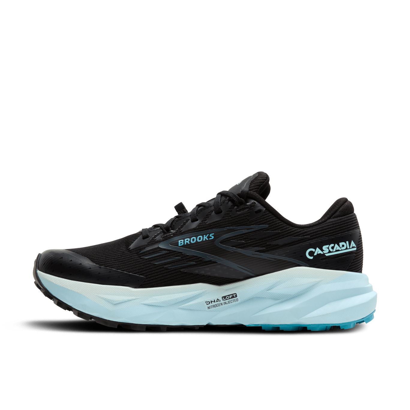 Black running shoe with white sole on a transparent background