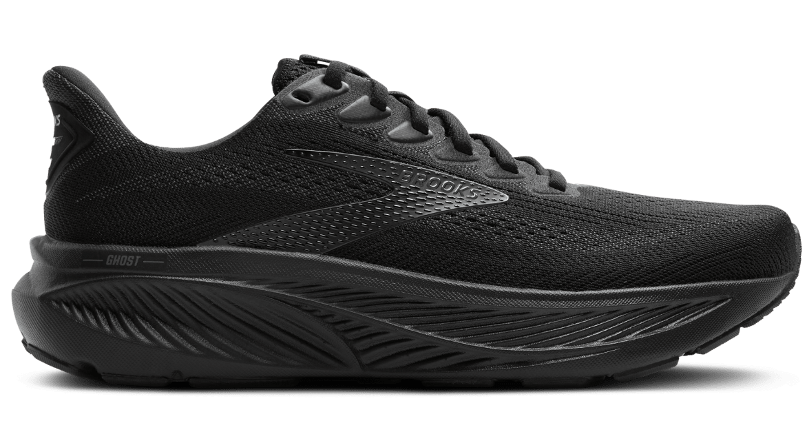 Black running shoe on a white background