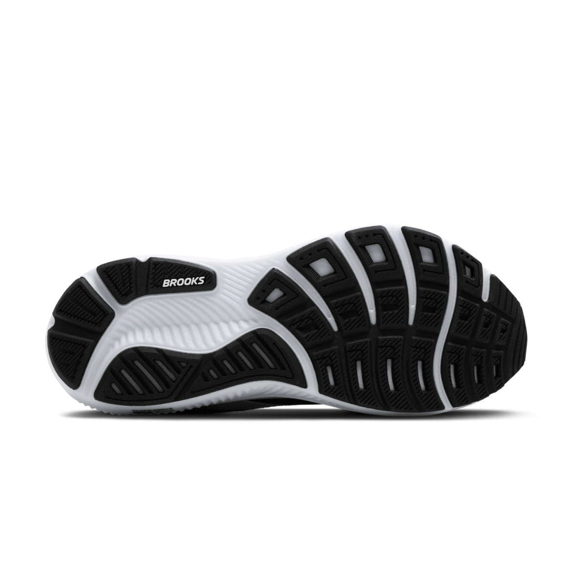 Black and white running shoe with 'Brooks' branding on a transparent background
