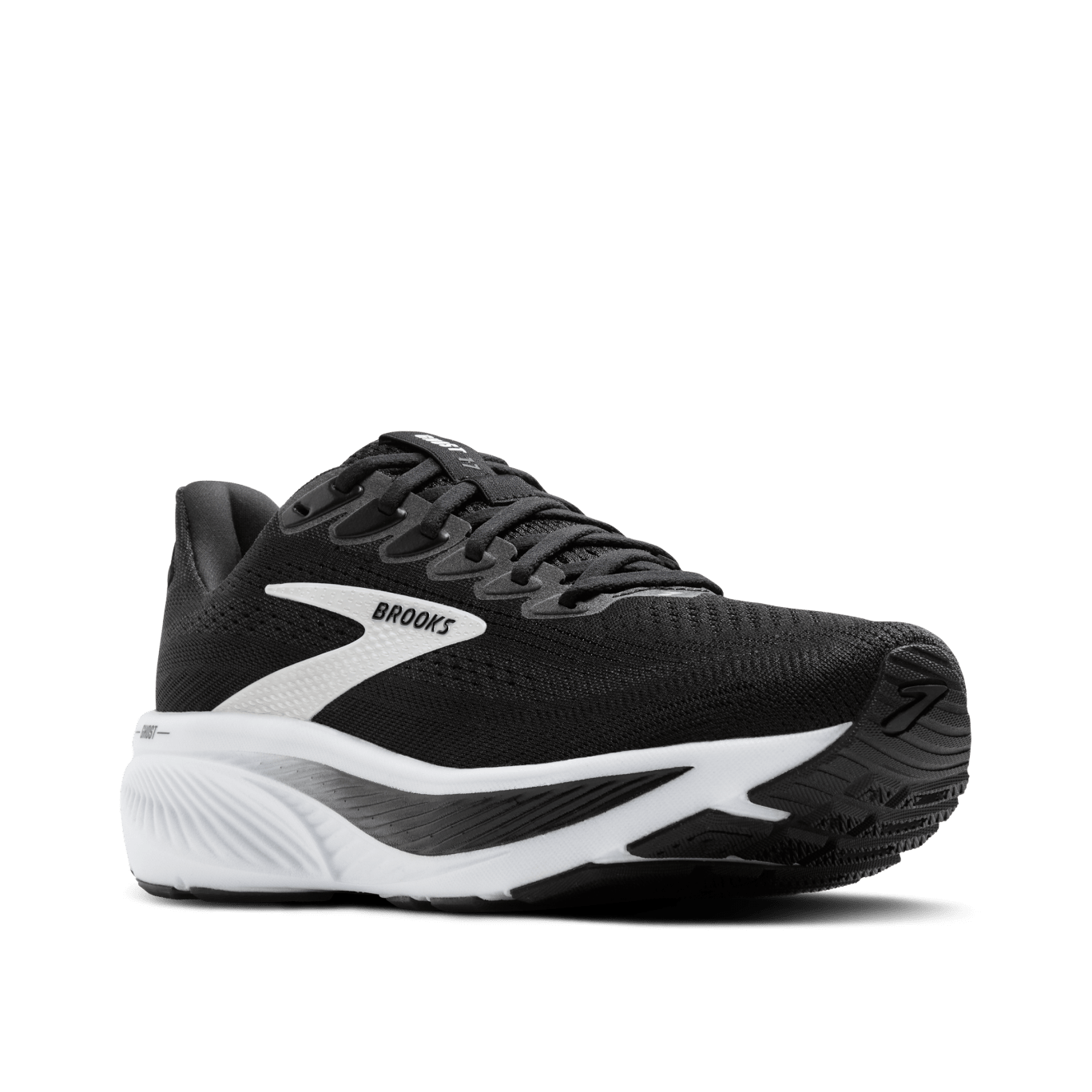 Black and white running shoe with 'Brooks' branding on a transparent background