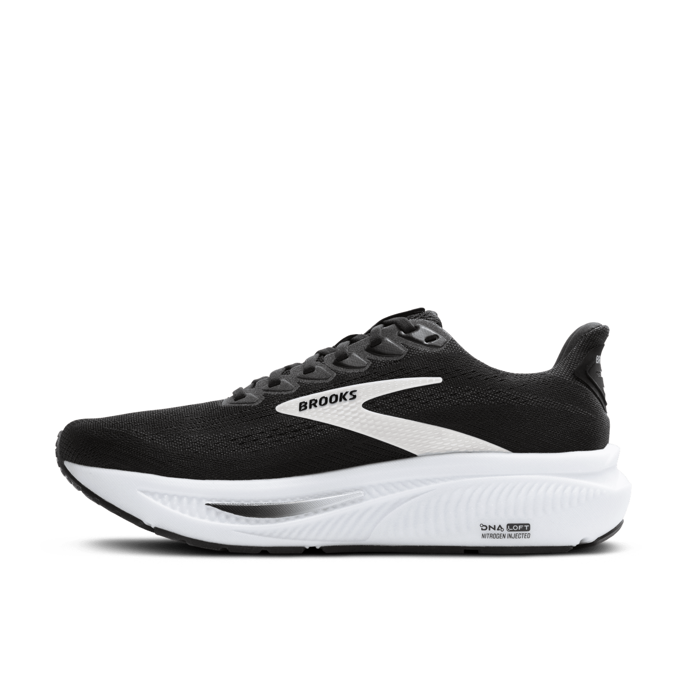 Black and white running shoe with Brooks logo on a transparent background