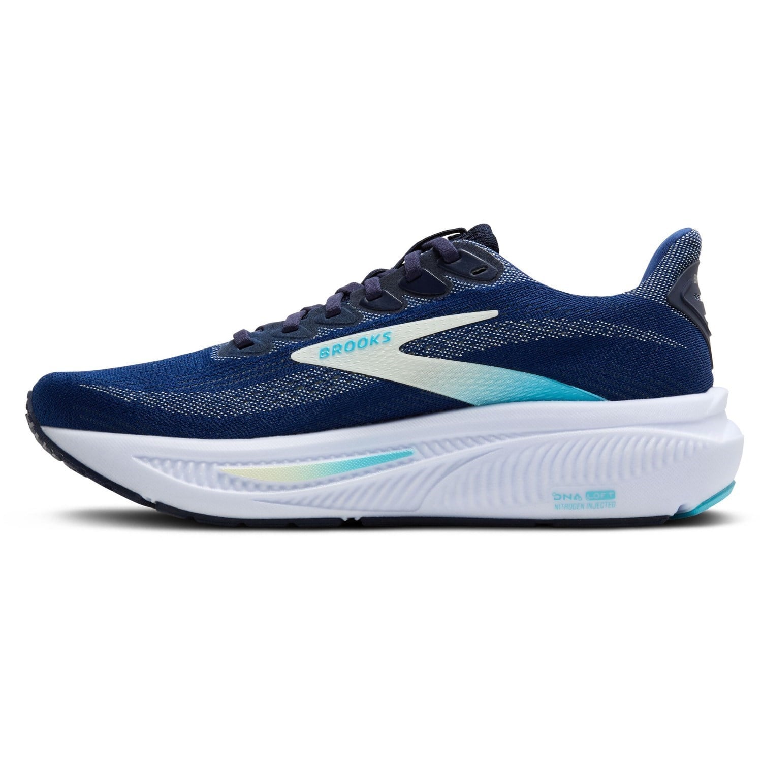 Blue and white running shoe with Brooks logo on a white background