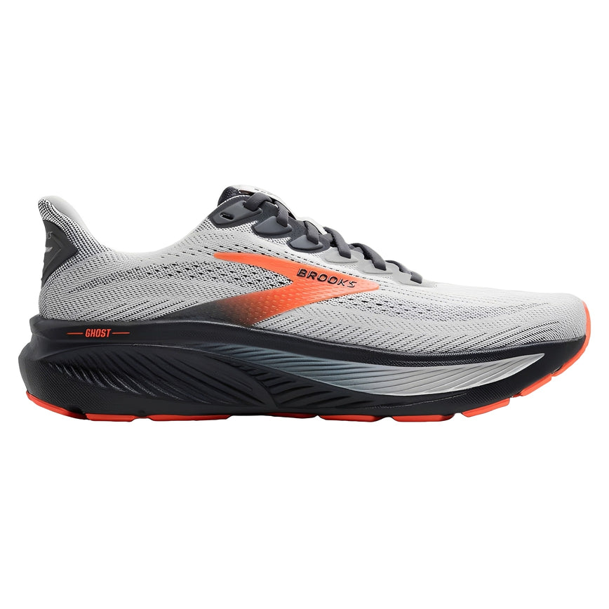 Gray running shoe with orange accents on a light gray background