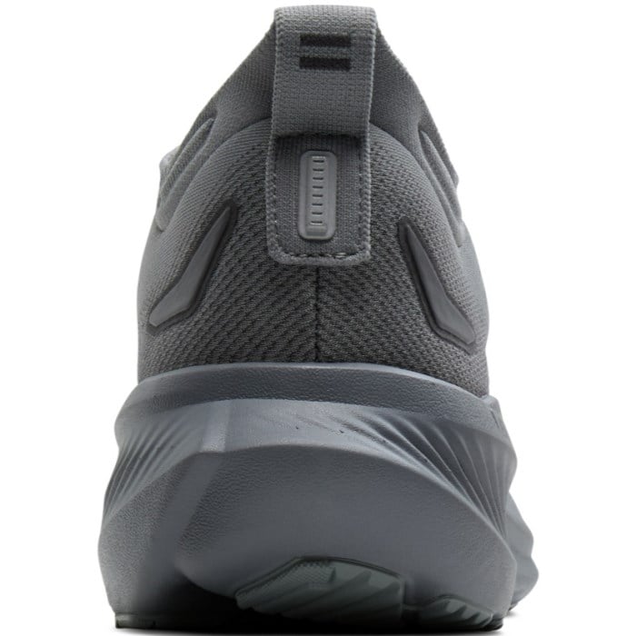 Gray athletic shoe with a focus on sole and back design on a white background