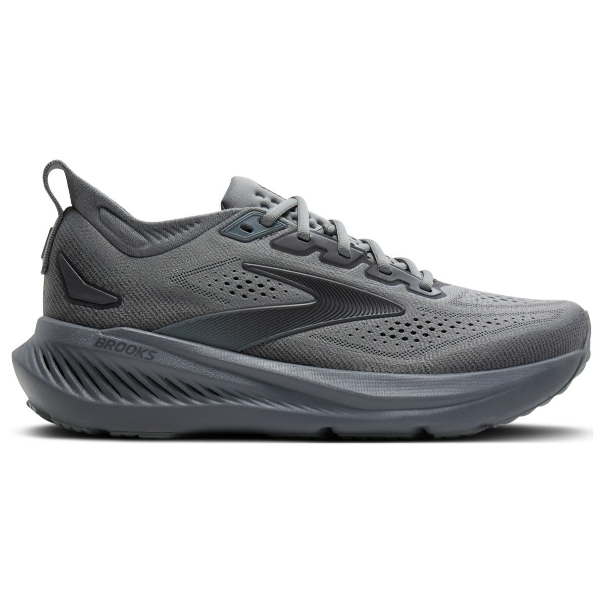Gray running shoe with 'Brooks' branding on a white background
