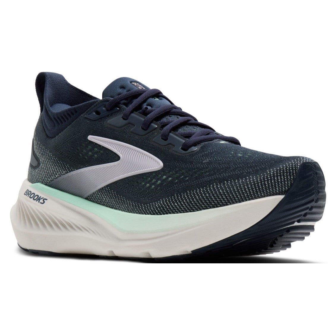 Navy running shoe with white sole on a white background