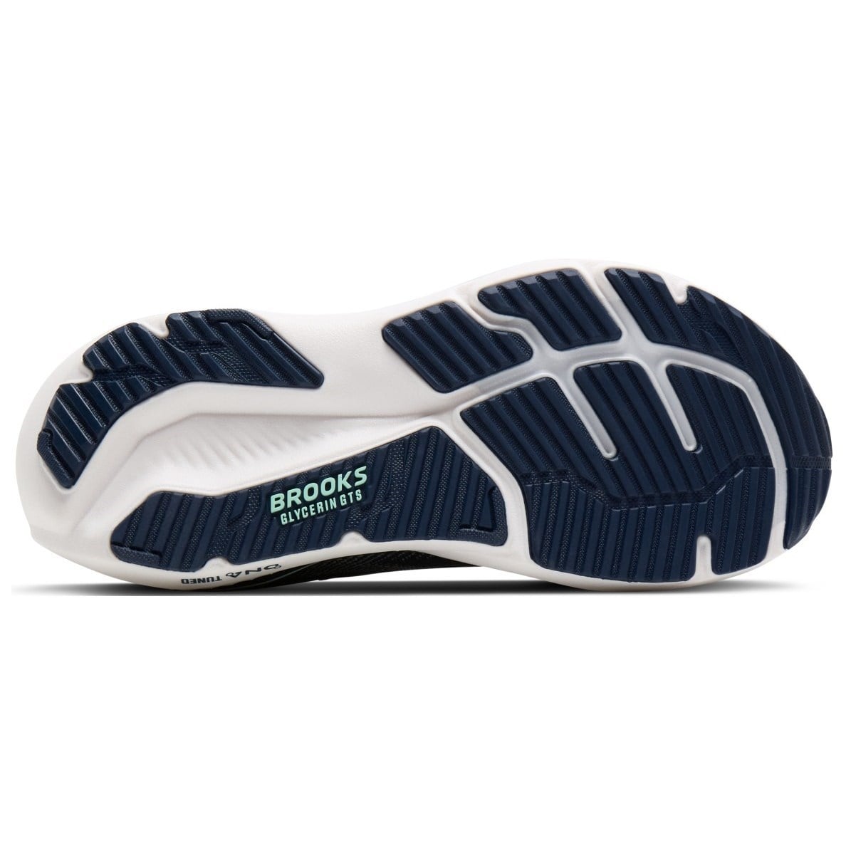 Navy and white running shoe sole with 'Brooks' branding on a white background
