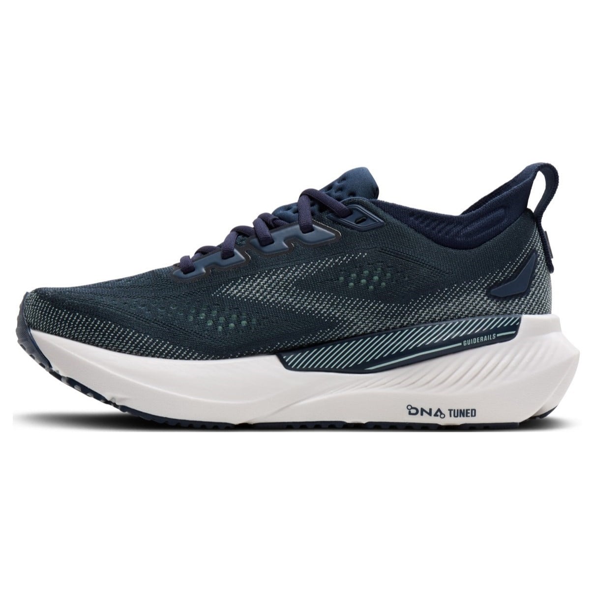 Navy running shoe with white sole on a white background