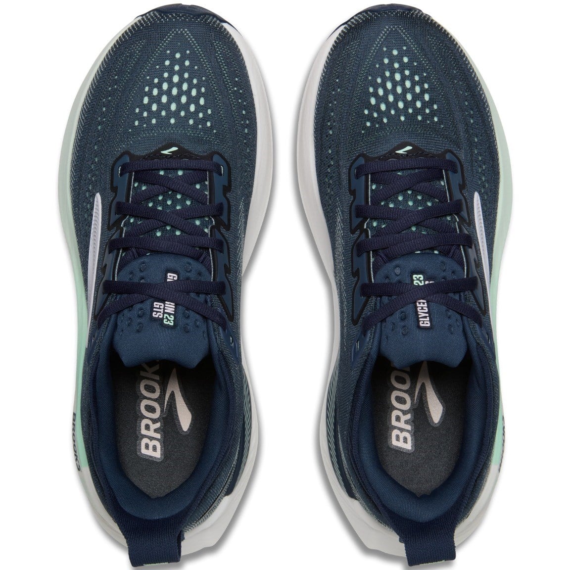 Pair of blue running shoes with visible 'Brooks' branding on a white background