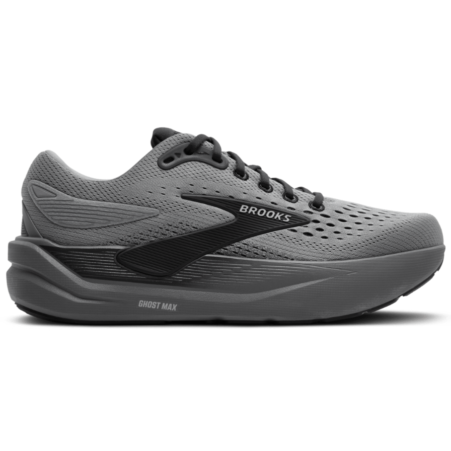 Gray running shoe with black accents on a white background