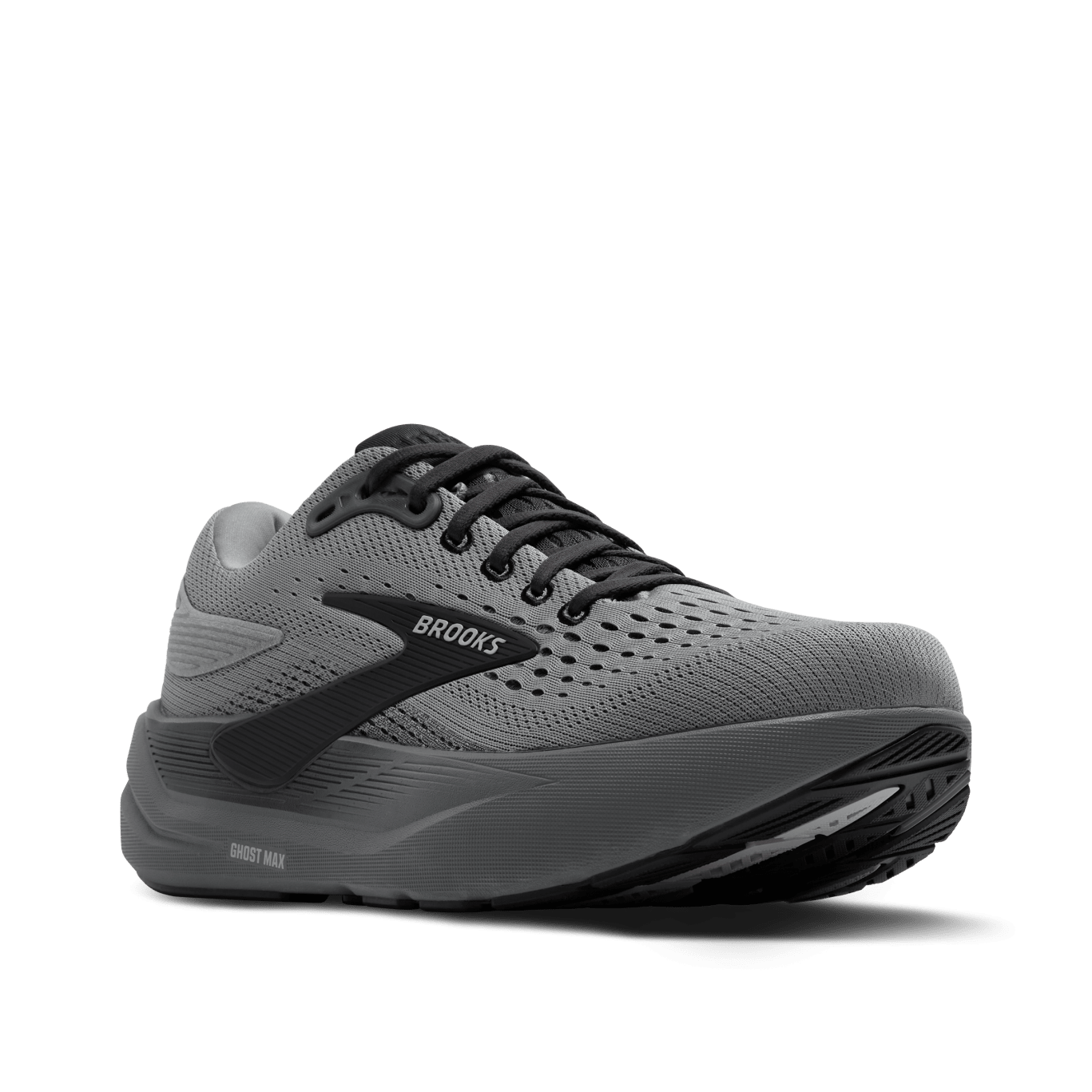 Gray running shoe with black accents on a transparent background