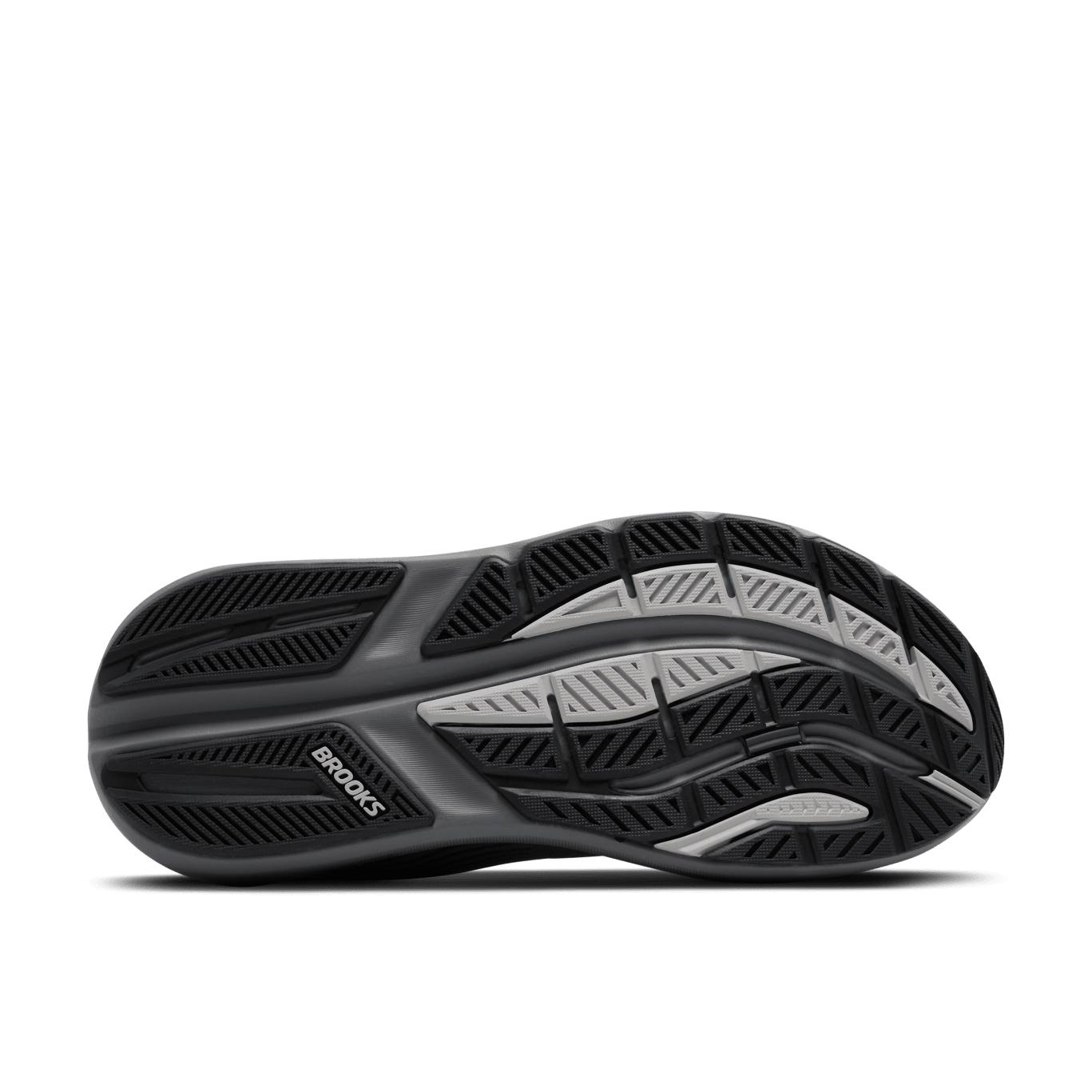 Black running shoe with 'Brooks' branding on a transparent background