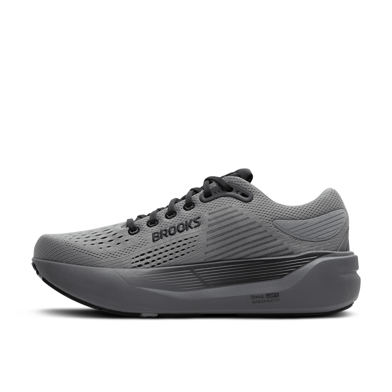 Gray running shoe with 'Brooks' branding on a white background