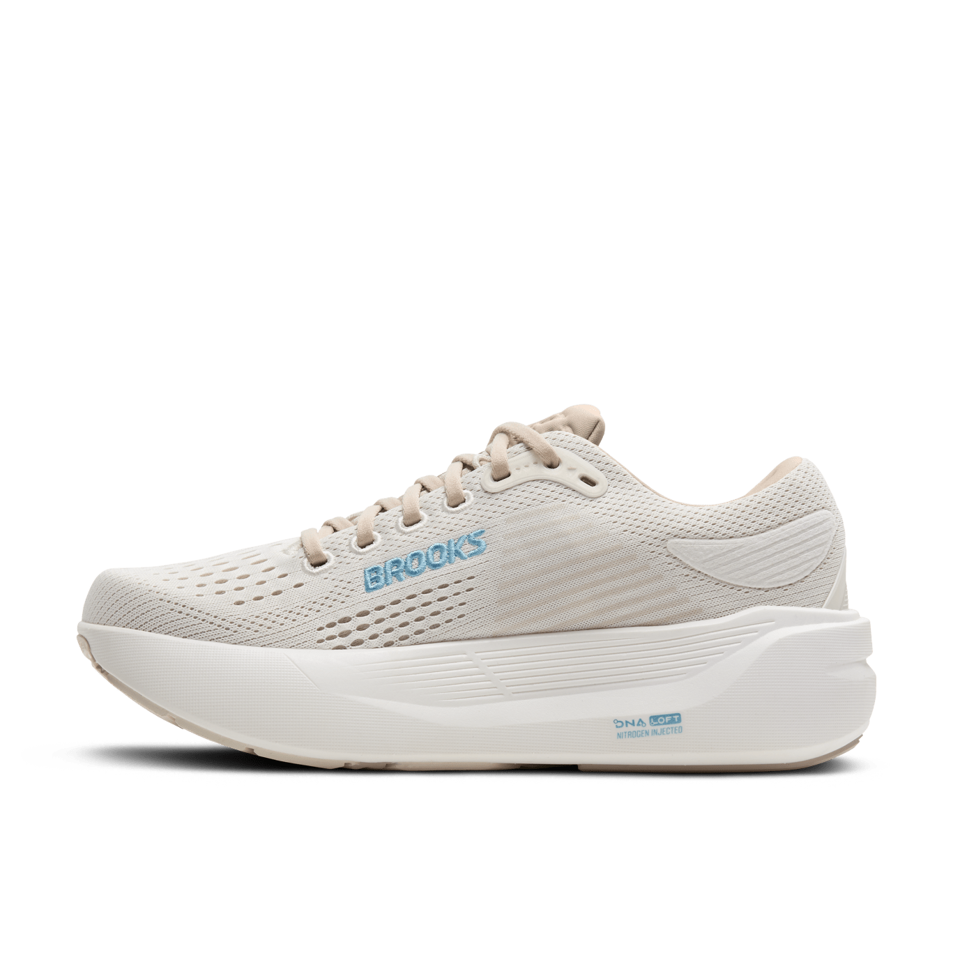 White running shoe with 'Brooks' branding on a transparent background