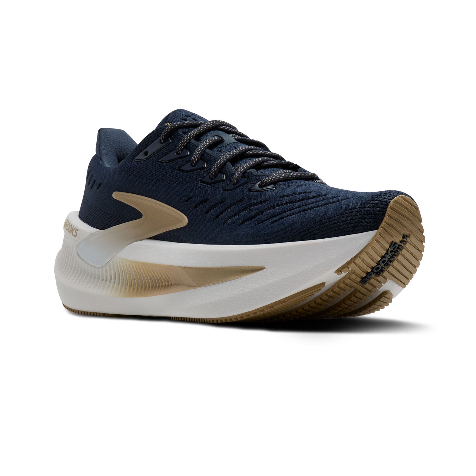 Navy running shoe with tan sole on a white background