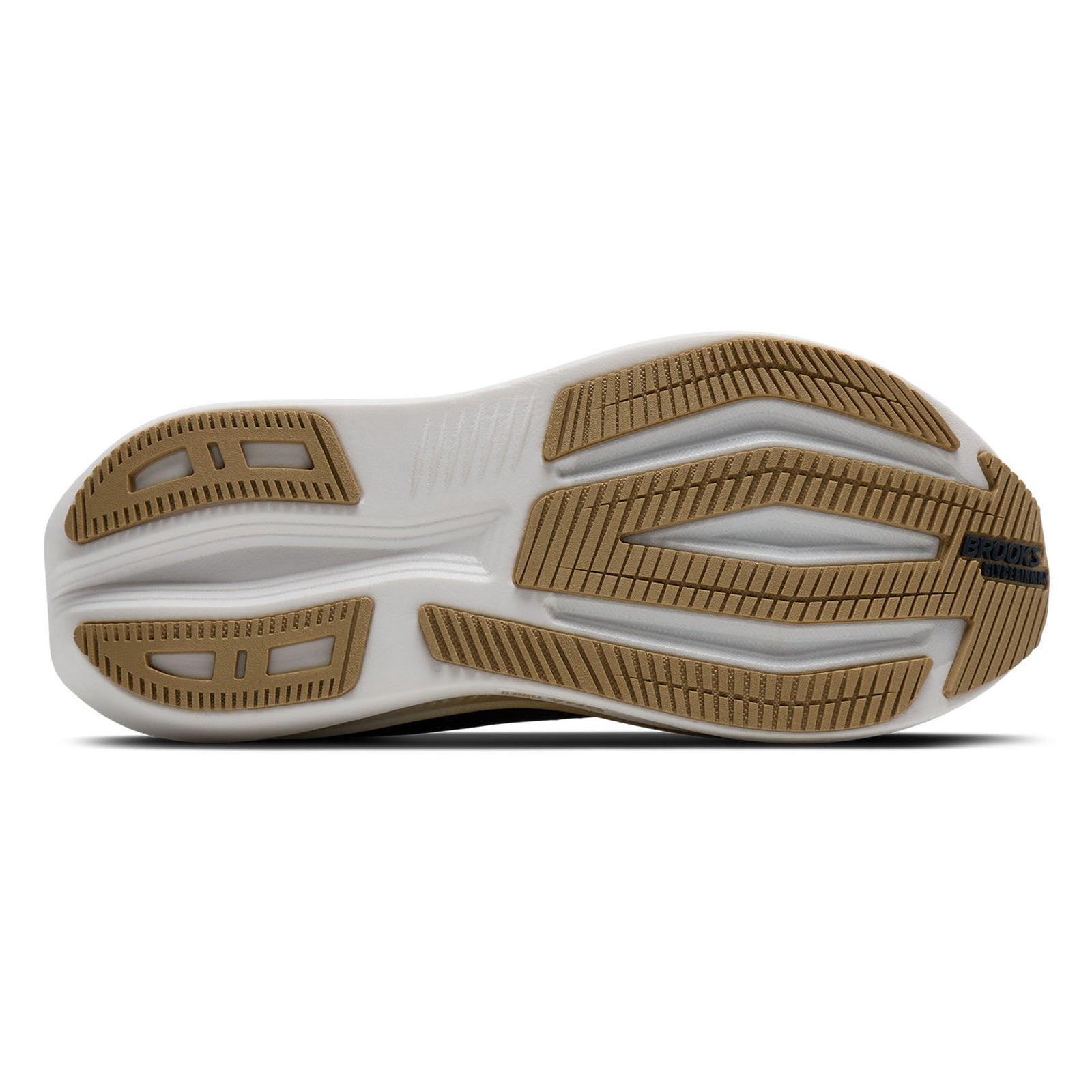 Close-up of a shoe sole with brown and white design on a white background