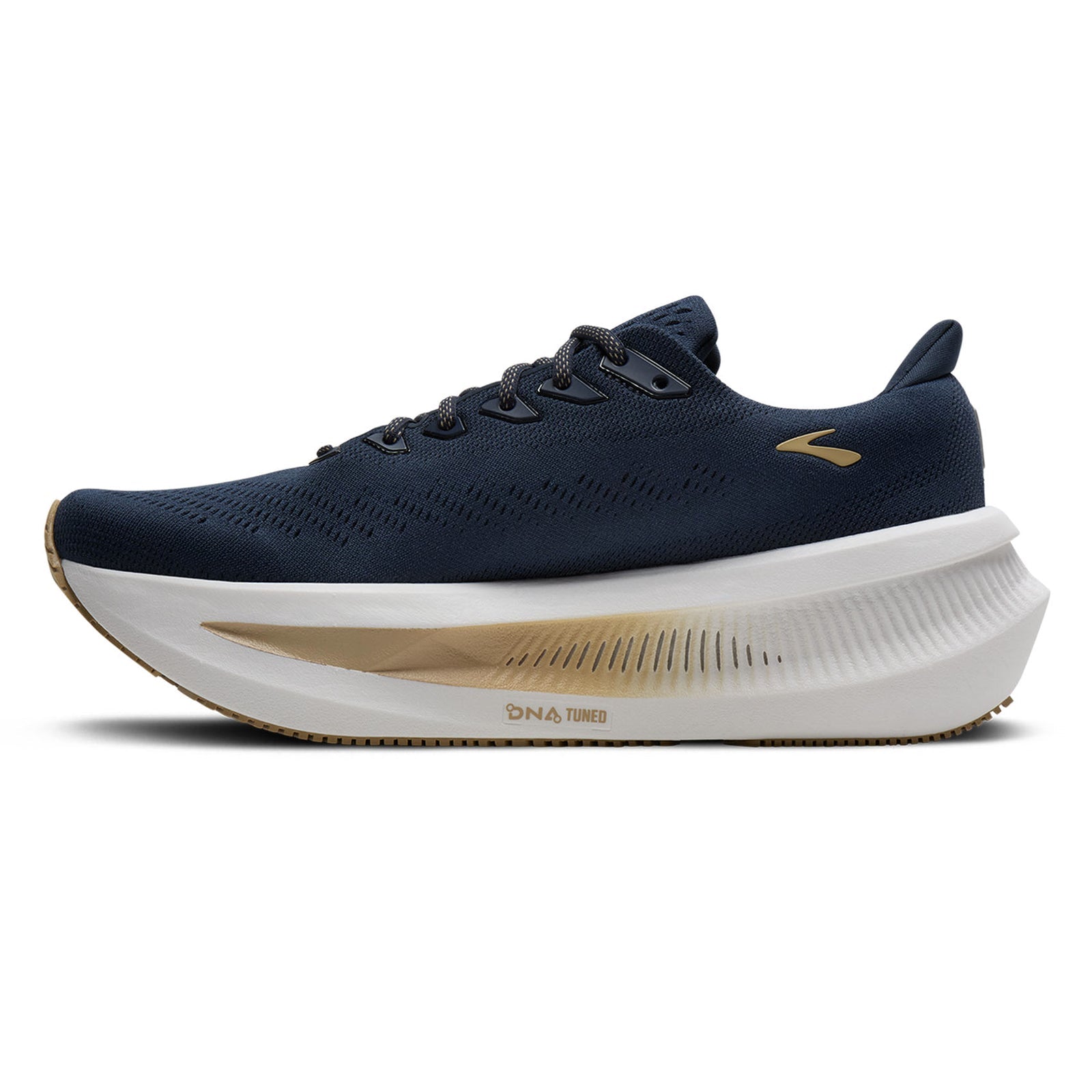Navy running shoe with white sole on a white background