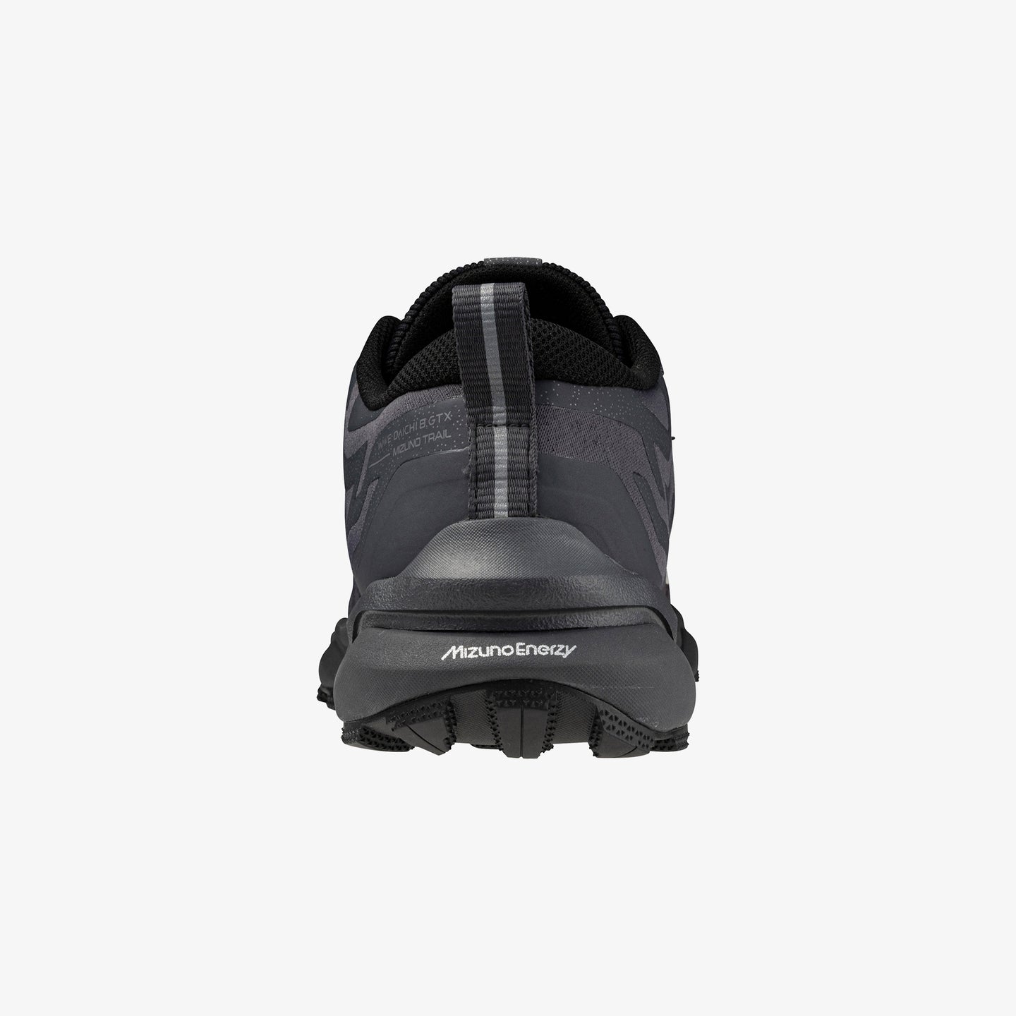 Black athletic shoe with 'Mizuno Energy' branding on a white background