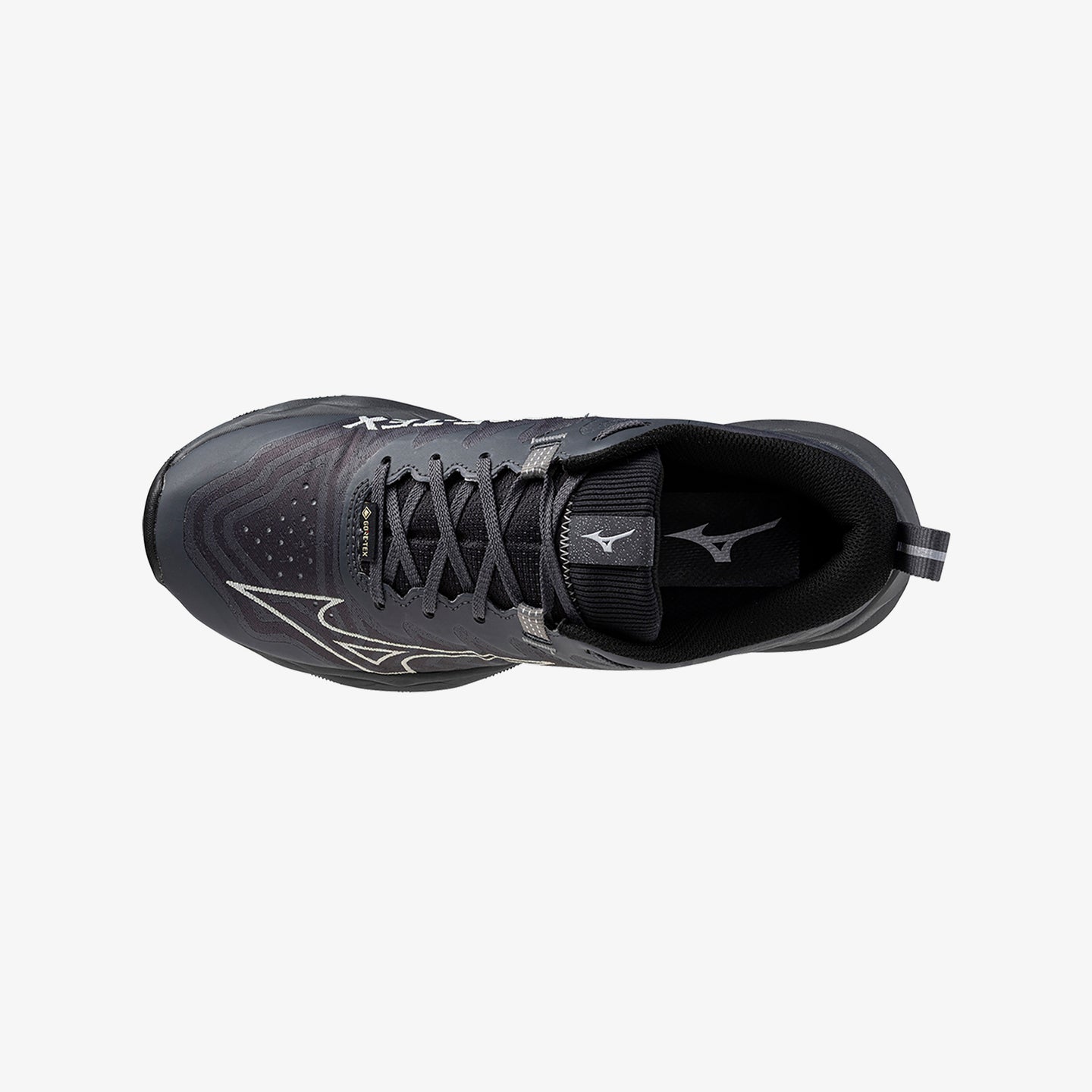 Black athletic shoe with white sole on a light gray background