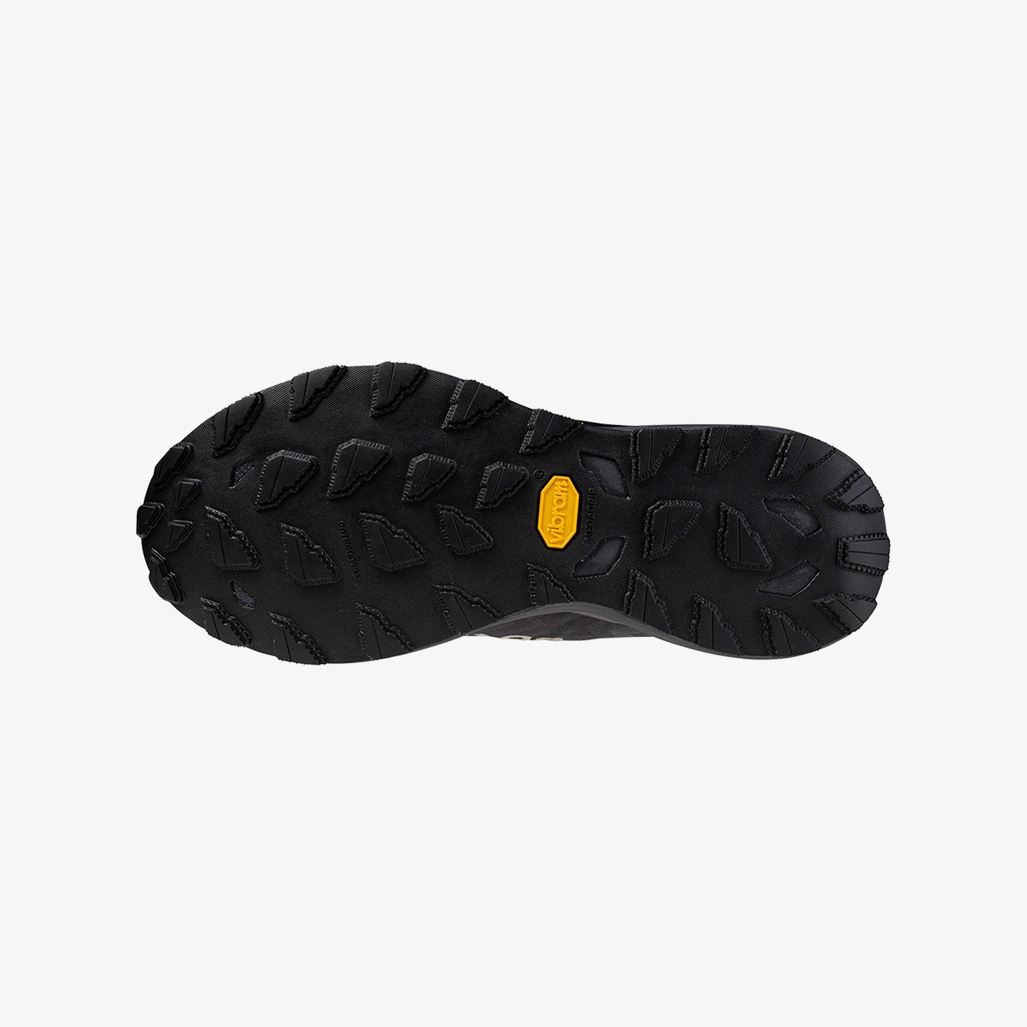 Black shoe sole with a yellow logo on a white background