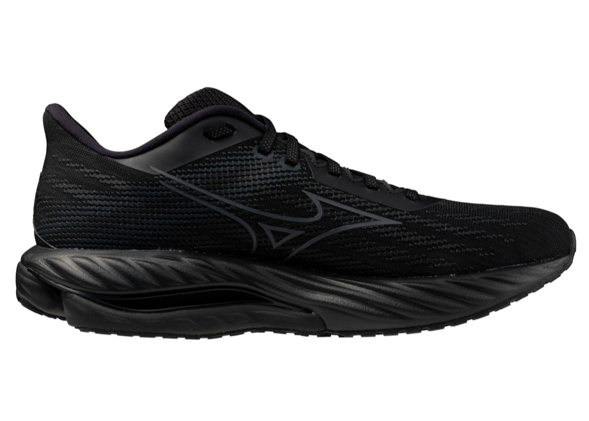 Mizuno Wave Inspire 21 running shoe for women in black with metallic grey details, showing side profile against a white background.