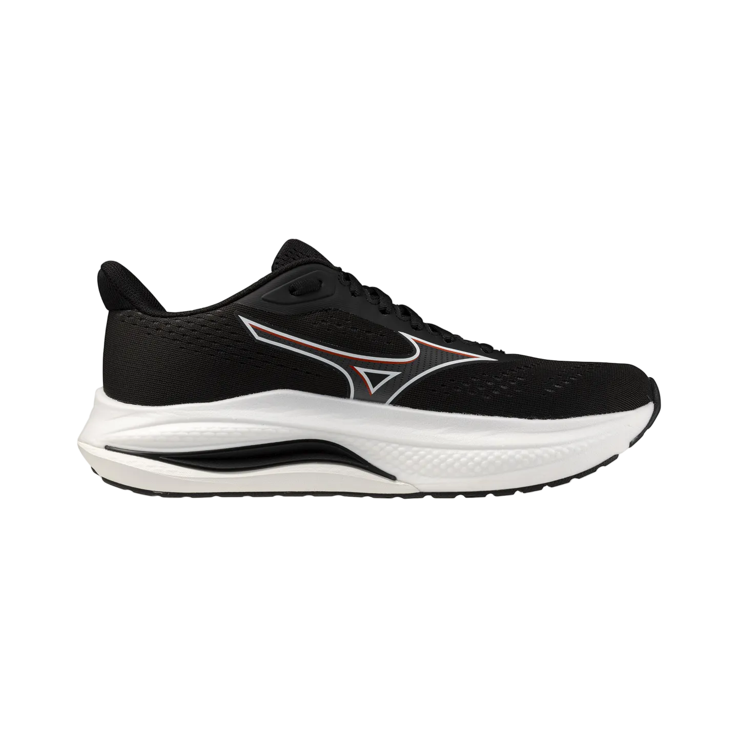 Black running shoe with white sole on a white background