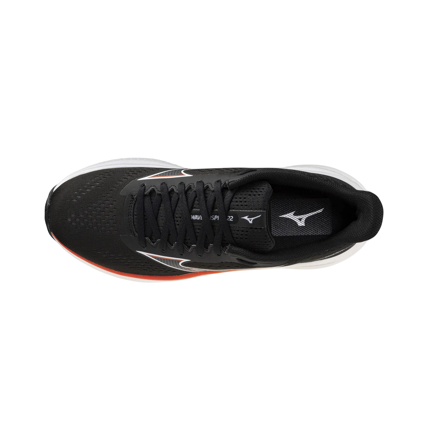 Black running shoe with red sole on a white background