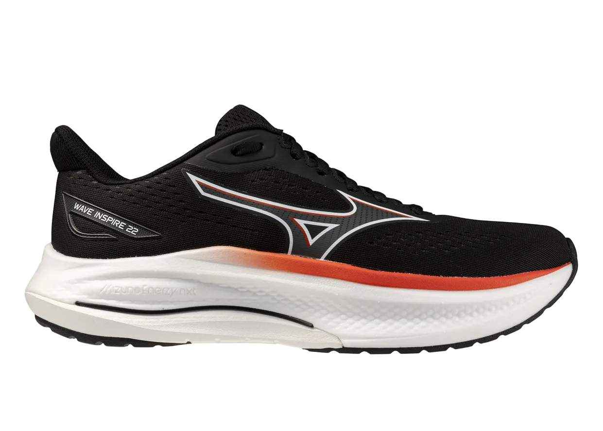 Black running shoe with red accent on a white background