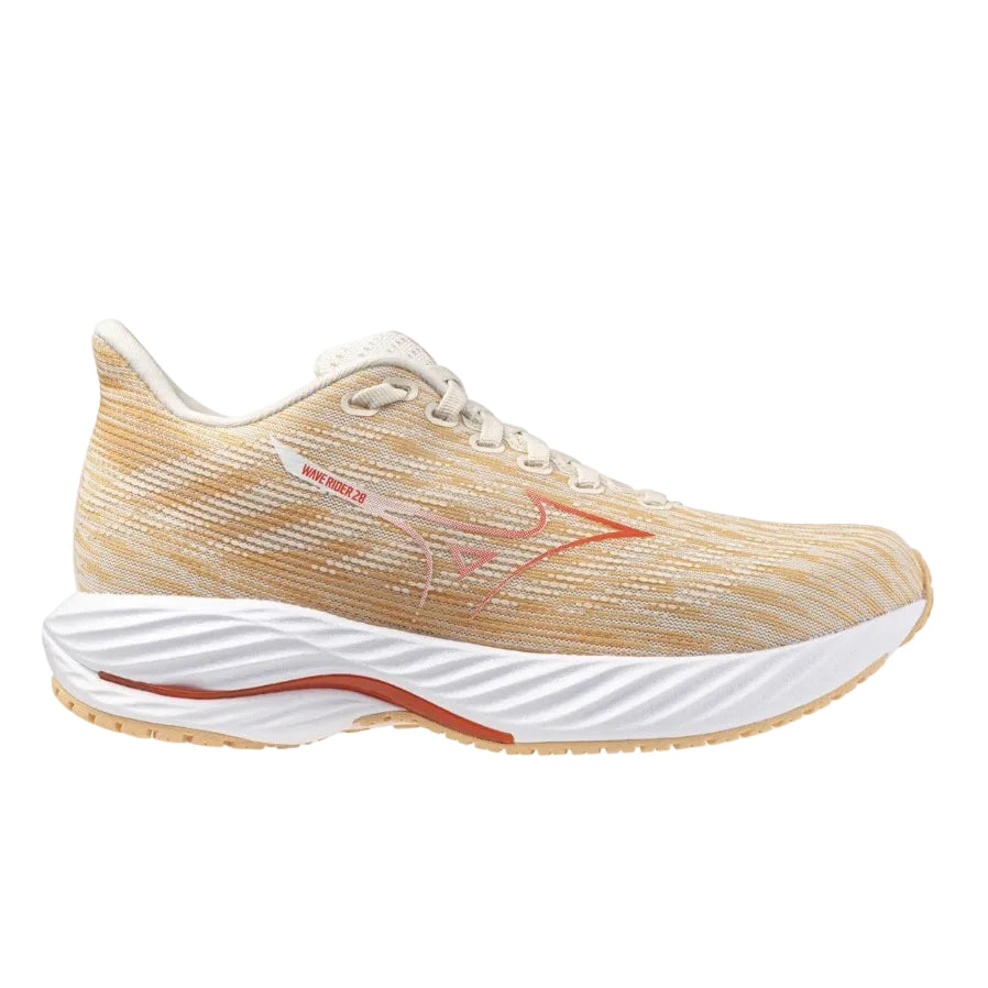 Running shoe with a white sole and beige body on a white background