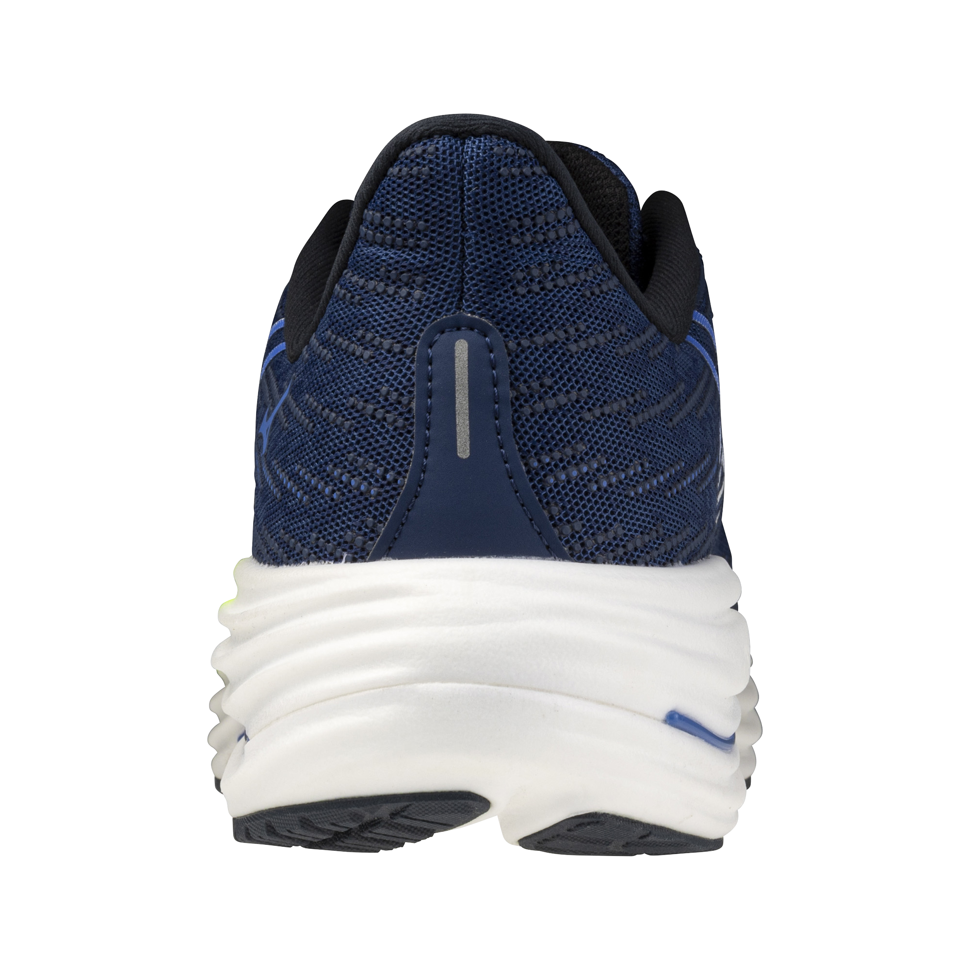 Blue running shoe with white sole on a white background