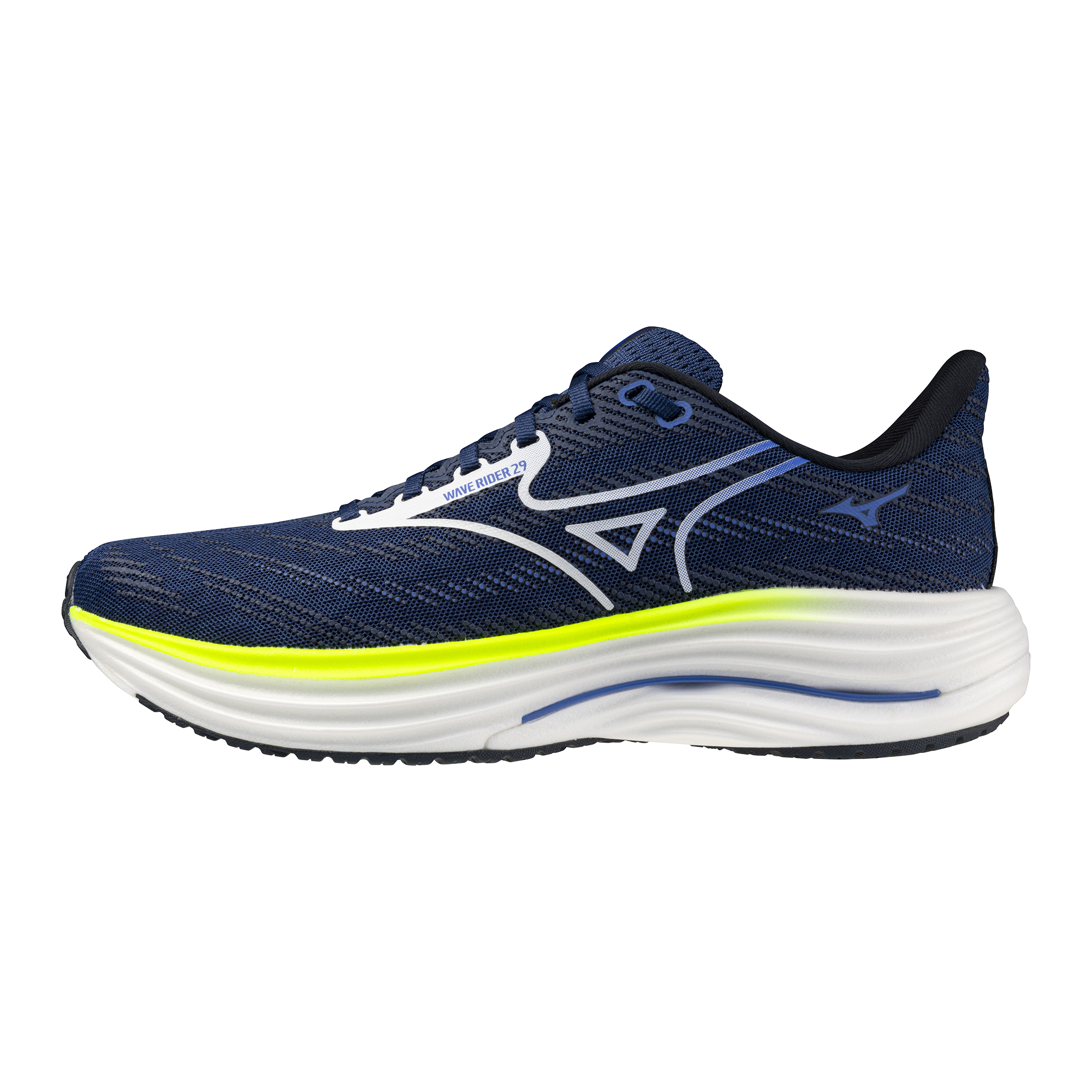 Blue running shoe with white sole on a white background