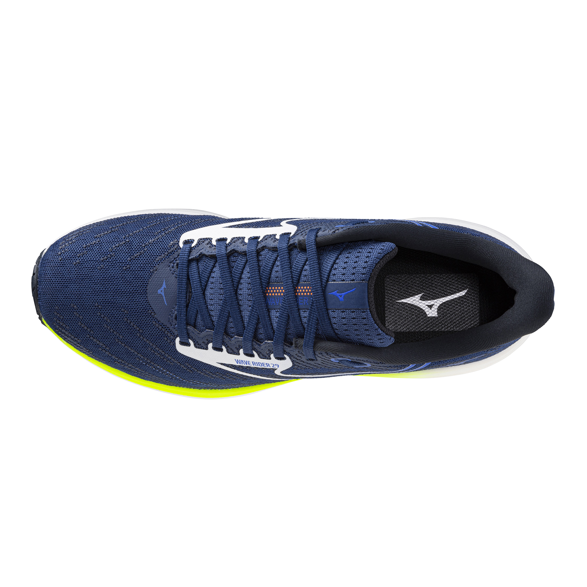 Blue running shoe with white laces on a white background