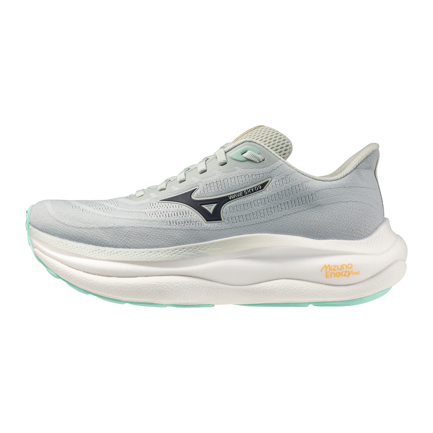 Gray running shoe with white sole on a white background