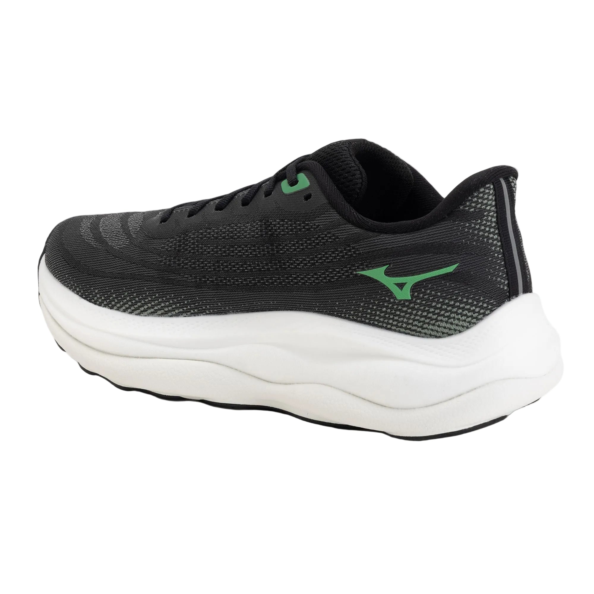 Black running shoe with white sole and green accents on a white background