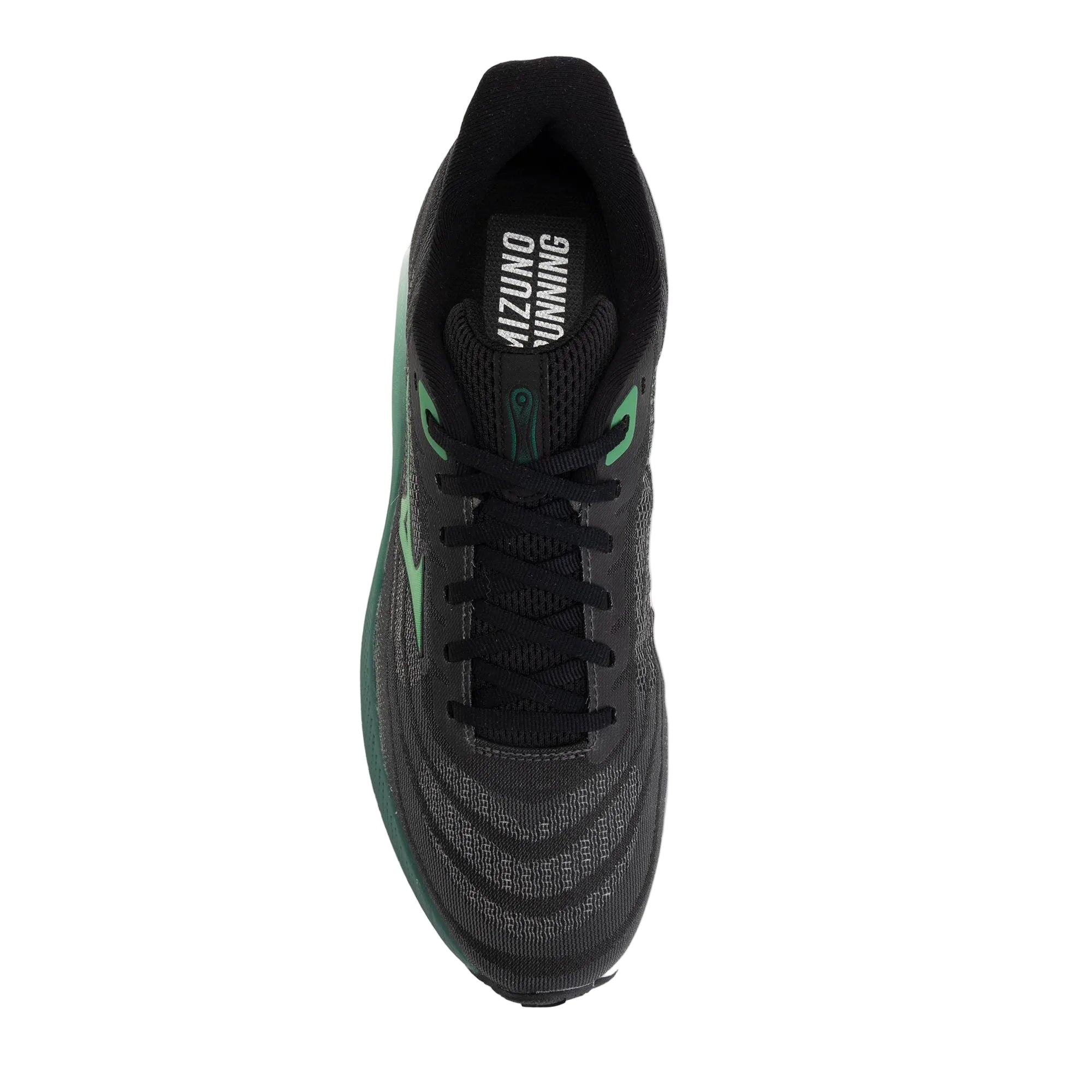 Black and green running shoe on a white background