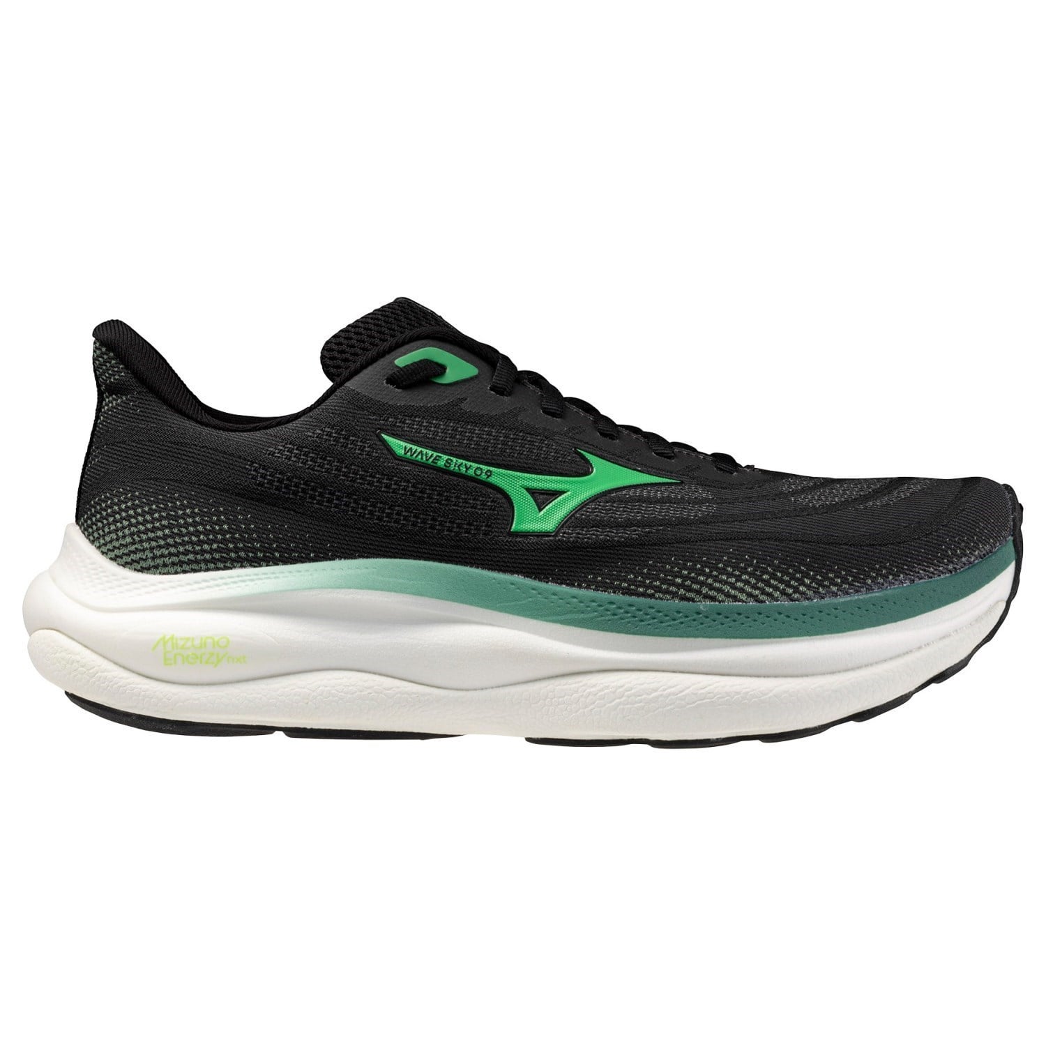 Black and green running shoe with a visible brand logo on a white background