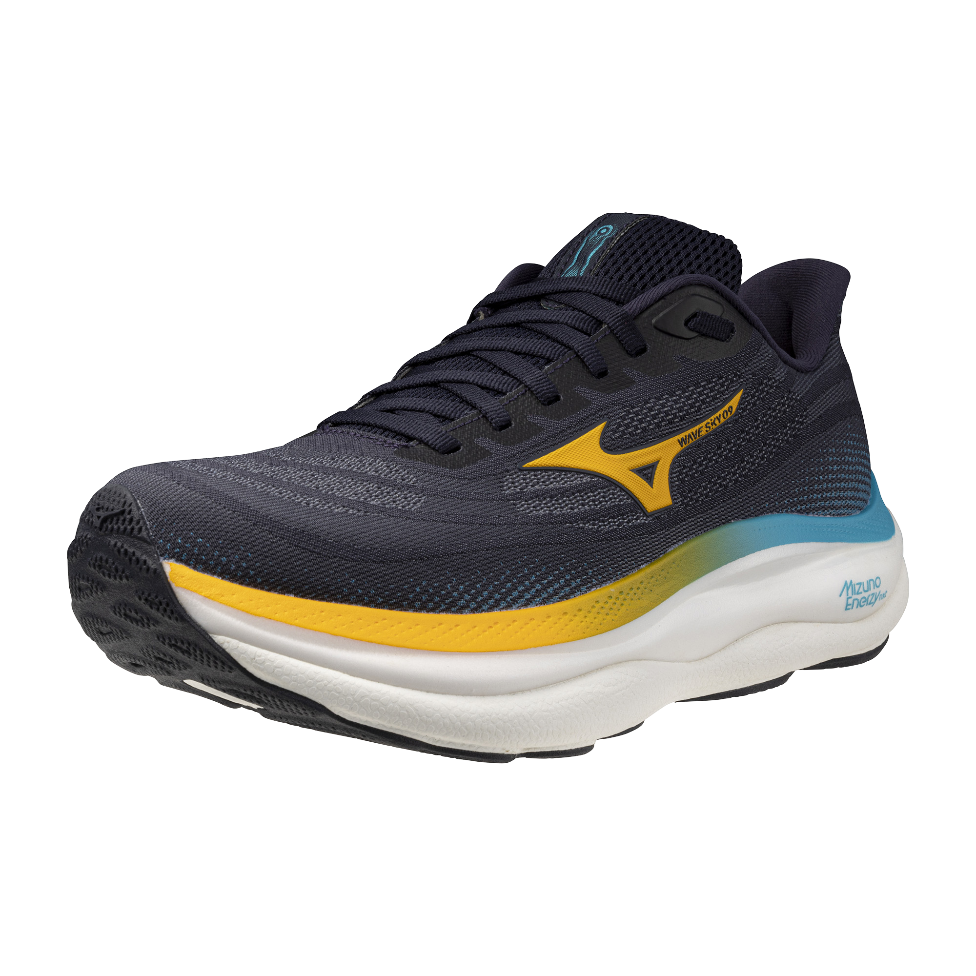 Navy and yellow running shoe with brand logo on a white background