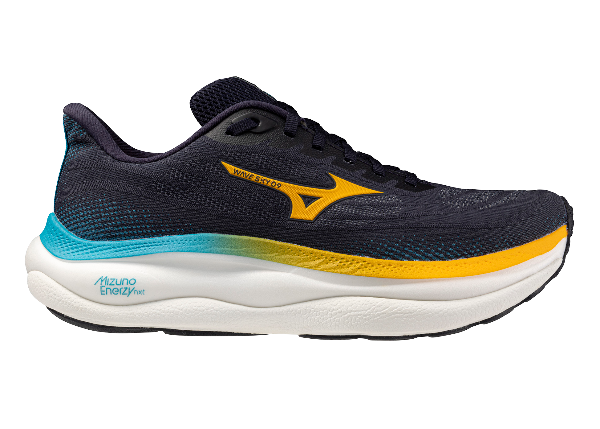 Navy and yellow running shoe with white sole on a white background