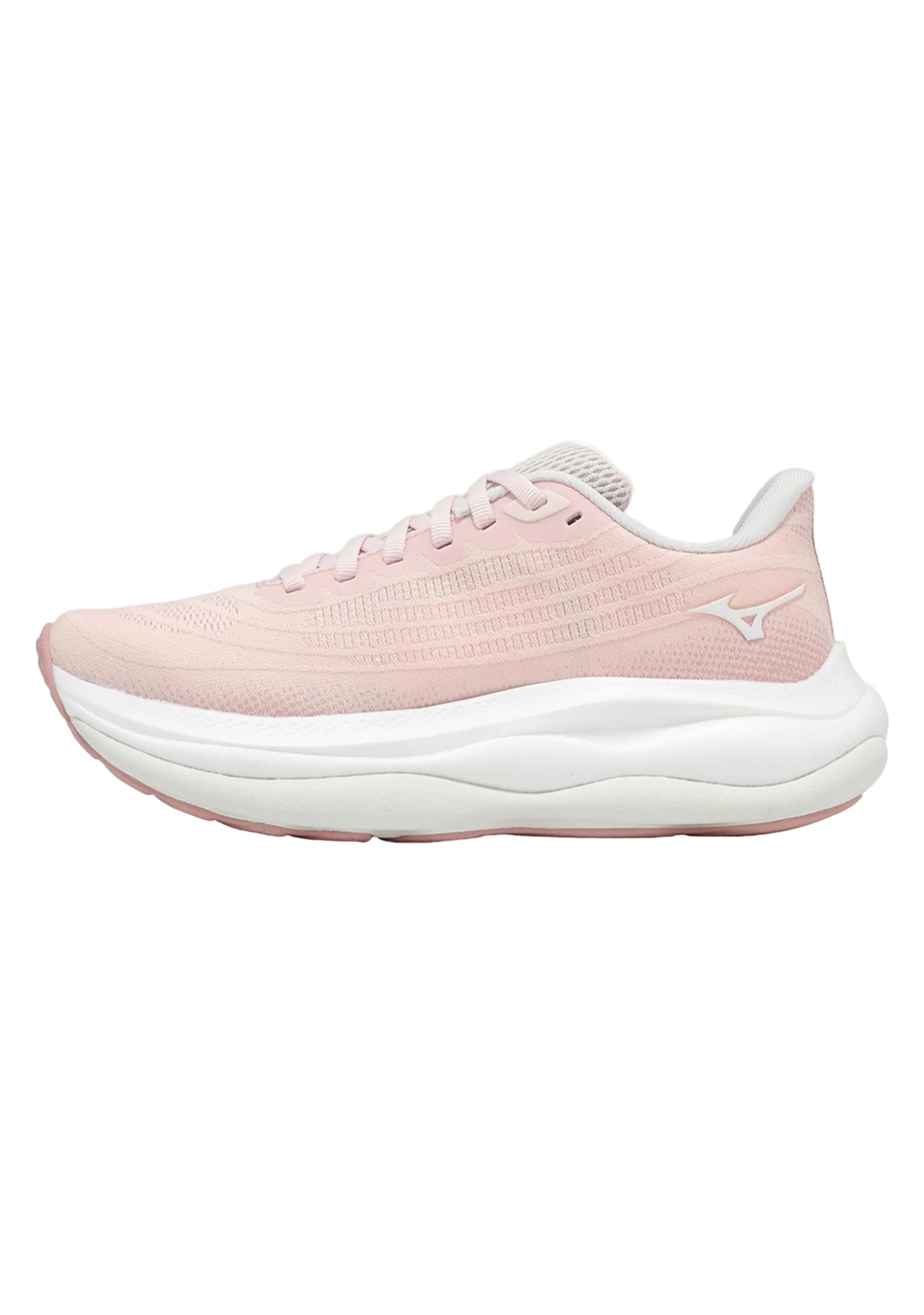 Pink running shoe with white sole on a light gray background