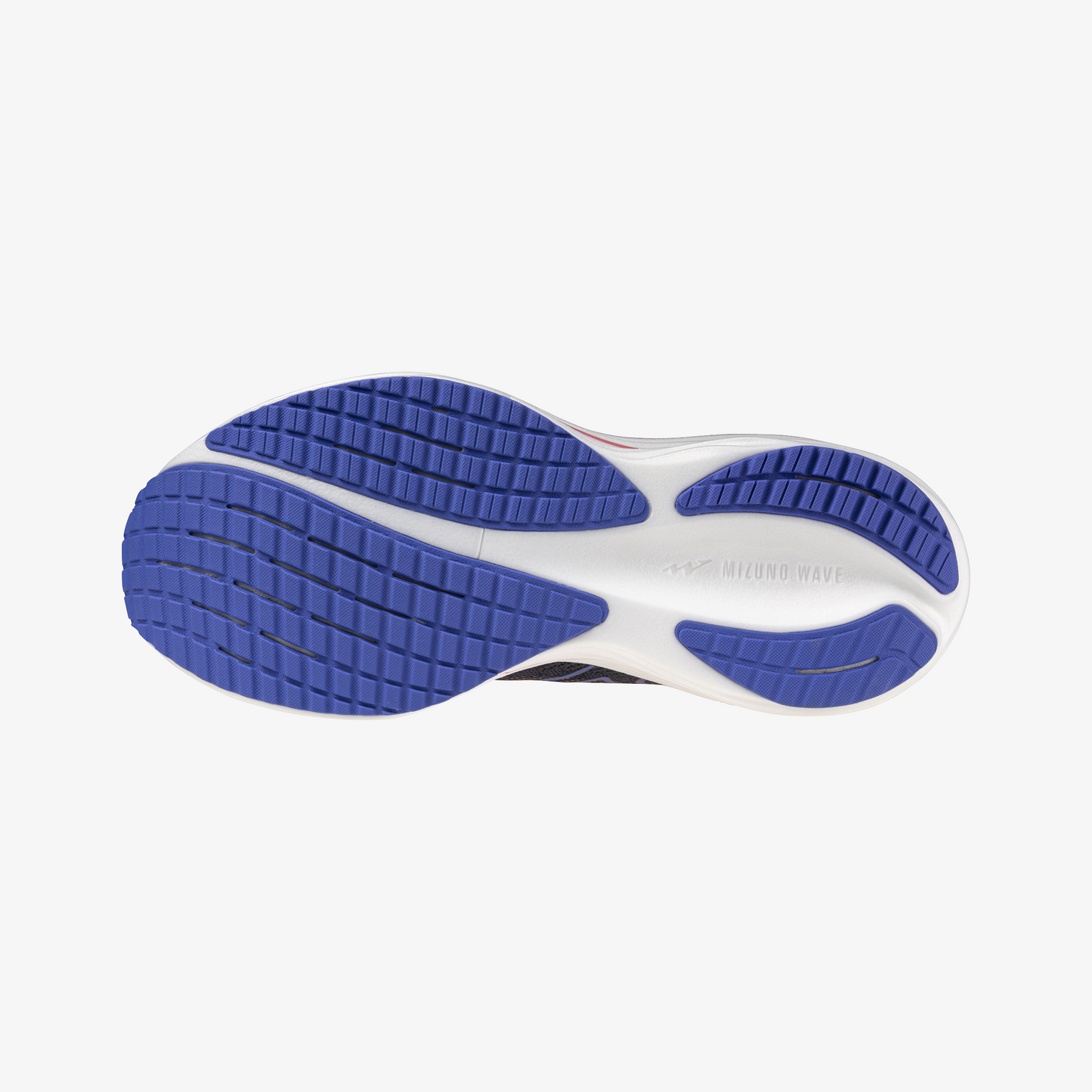 Close-up of a shoe sole with blue tread pattern on a white background