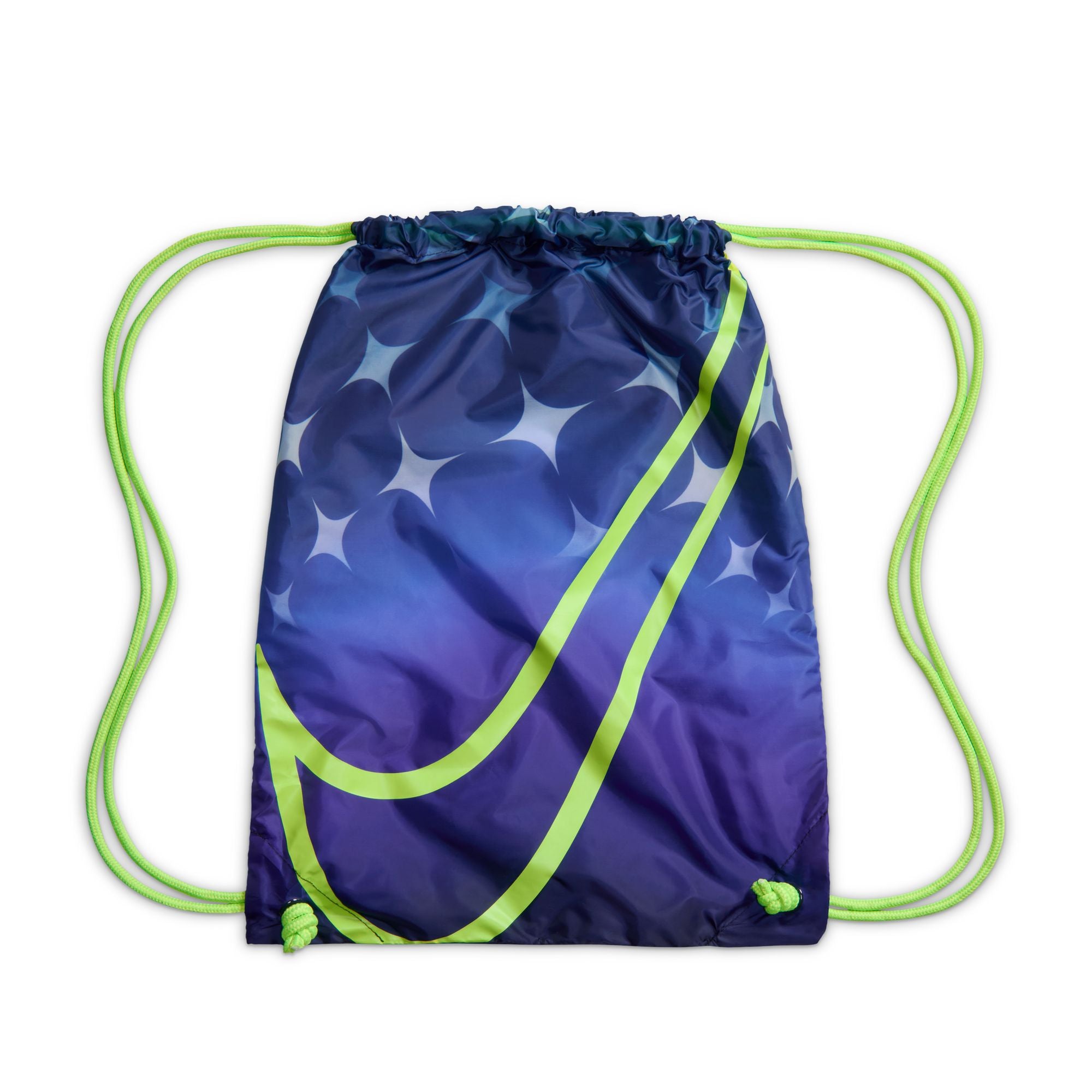 Blue drawstring bag with star pattern and green strings on a white background
