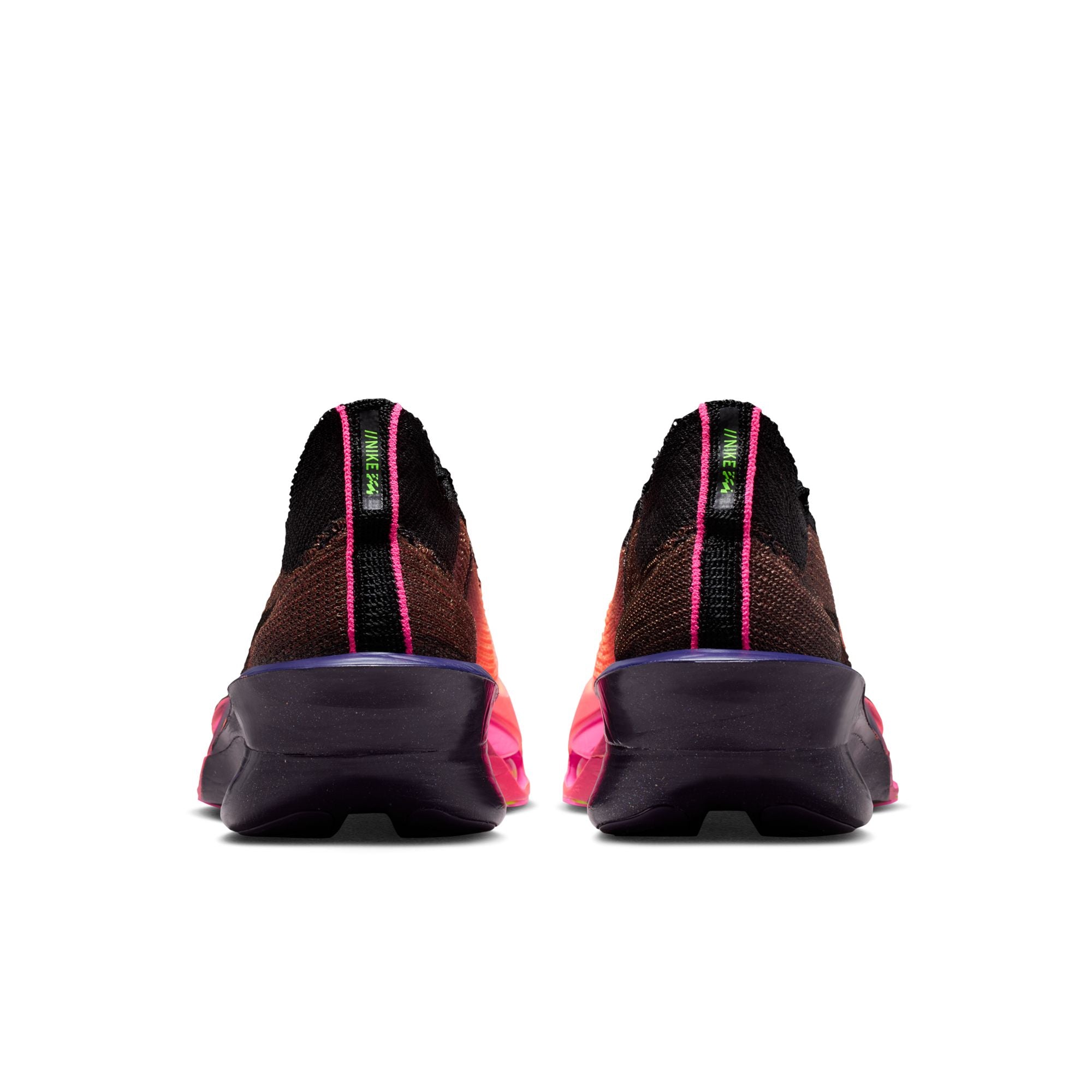 Multicolored athletic shoes shown from the back on a white background